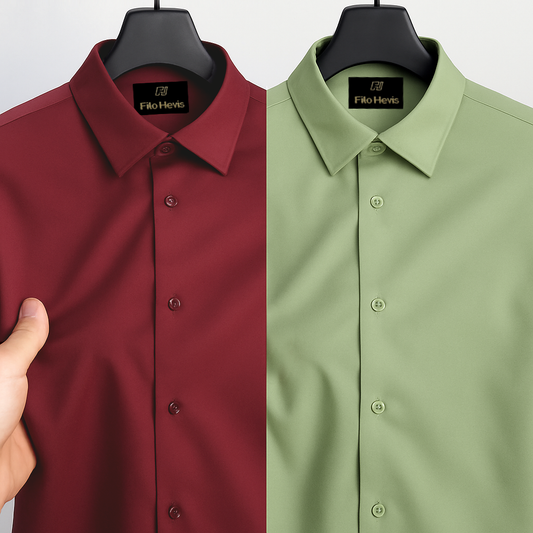Combo of 2 Men's Satin Lycra formal Full Sleeve Shirt Maroon & Pista Green