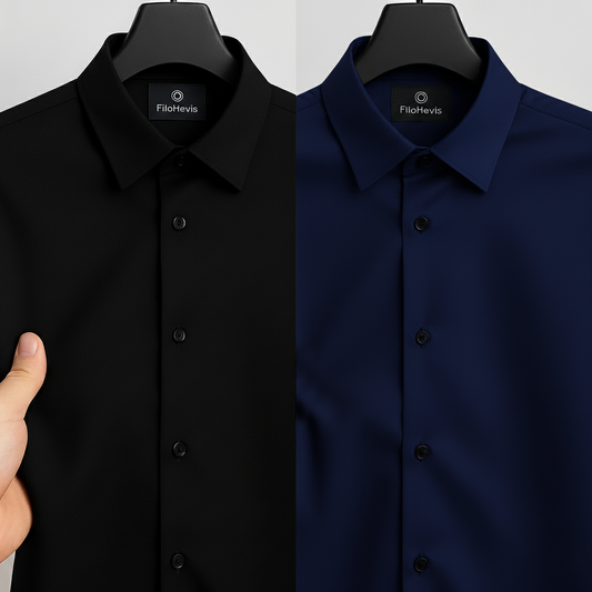 Combo of 2 Men's Satin Lycra formal Full Sleeve Shirt Black & Navy Blue