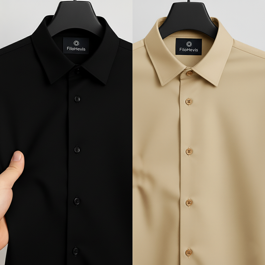 Combo of 2 Men's Satin Lycra formal Full Sleeve Shirt Black & Beige
