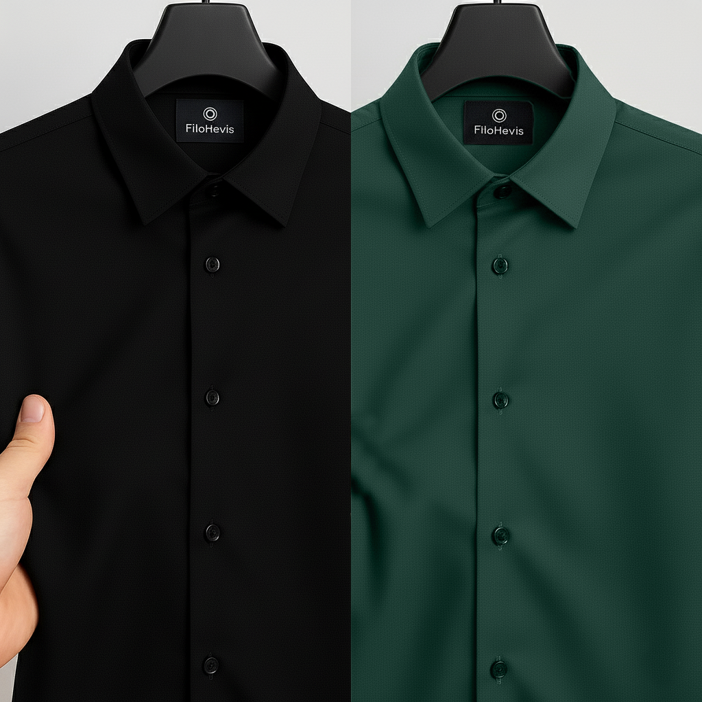 Combo of 2 Men's Satin Lycra formal Full Sleeve Shirt Black & Dark Green