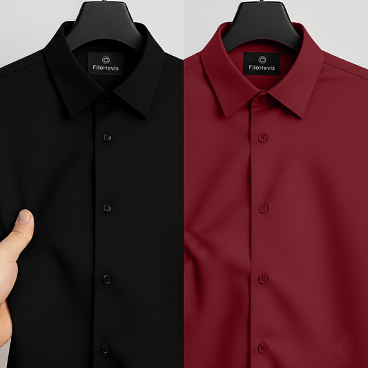 Combo of 2 Men's Satin Lycra formal Full Sleeve Shirt Black & Maroon