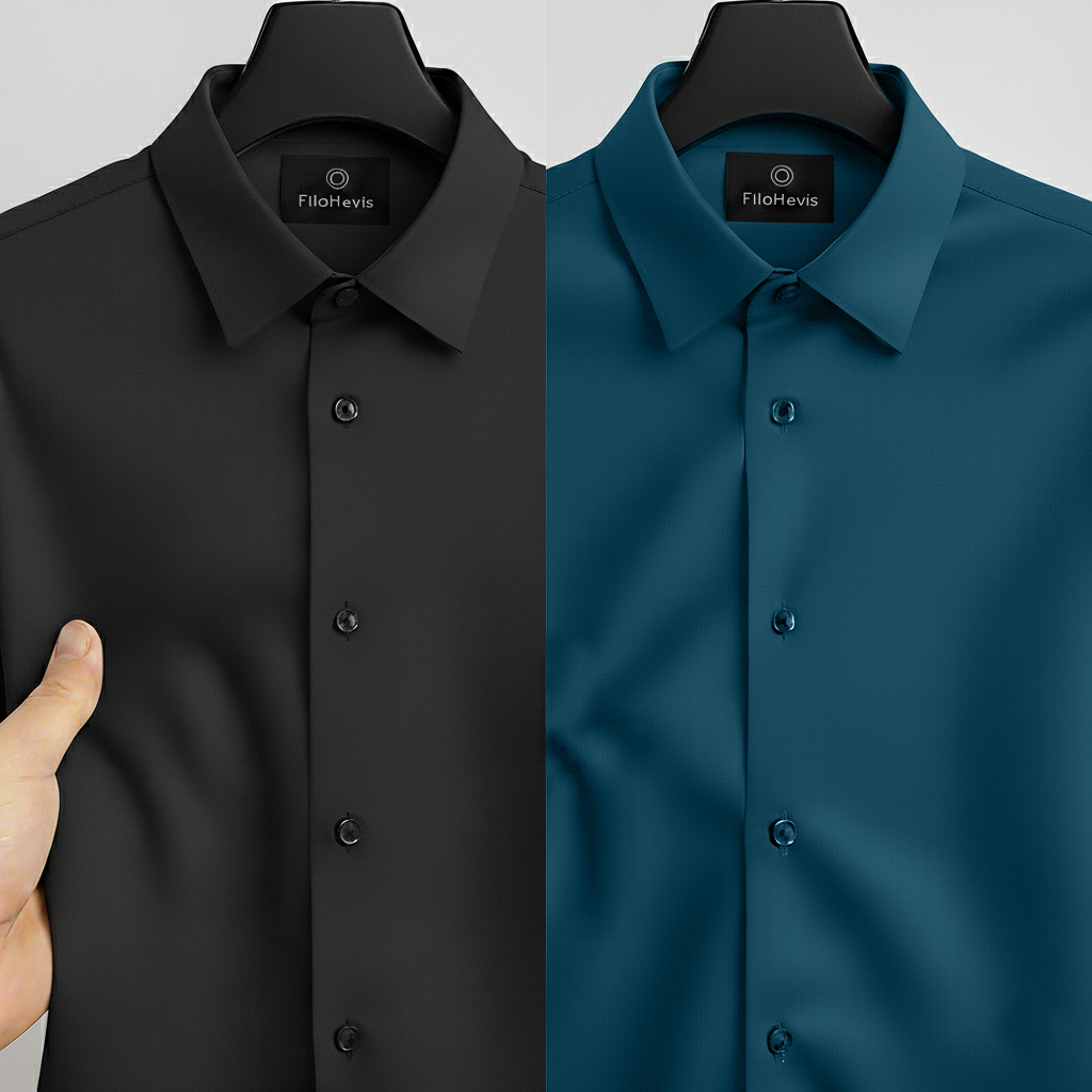 Combo of 2 Men's Satin Lycra formal Full Sleeve Shirt Black & Teal Blue