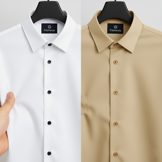 Combo of 2 Men's Satin Lycra formal Full Sleeve Shirt White & Beige