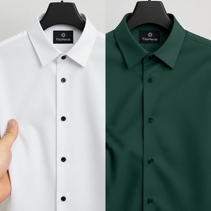 Combo of 2 Men's Satin Lycra formal Full Sleeve Shirt White & Dark Green