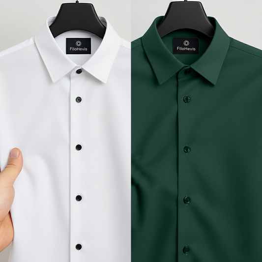 Combo of 2 Men's Satin Lycra formal Full Sleeve Shirt White & Dark Green