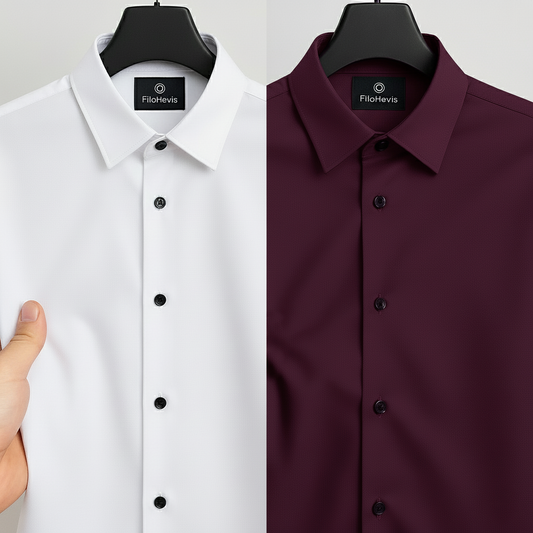 Combo of 2 Men's Satin Lycra formal Full Sleeve Shirt White & Dark Maroon