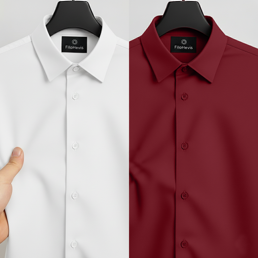 Combo of 2 Men's Satin Lycra formal Full Sleeve Shirt White & Maroon