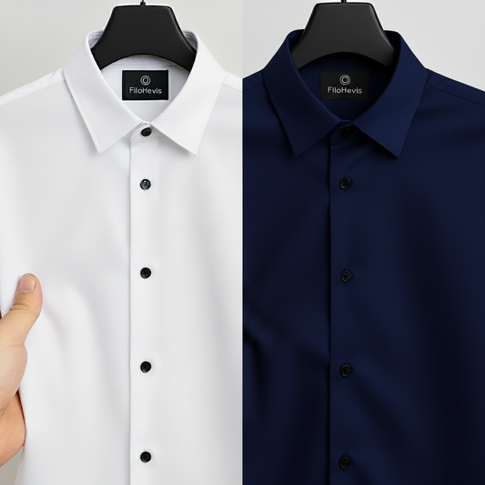 Combo of 2 Men's Satin Lycra formal Full Sleeve Shirt White & Navy Blue