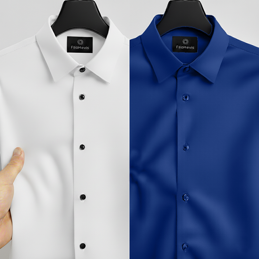 Combo of 2 Men's Satin Lycra formal Full Sleeve Shirt White & Royal Blue